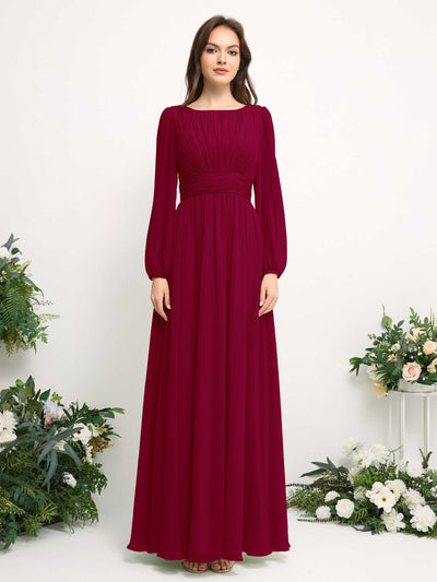 Carlyna Boat Neck Long Sleeve Chiffon Maxi Dress | Elegant A-Line Bridesmaid & Wedding Guest Dress Front View #color_jester-red