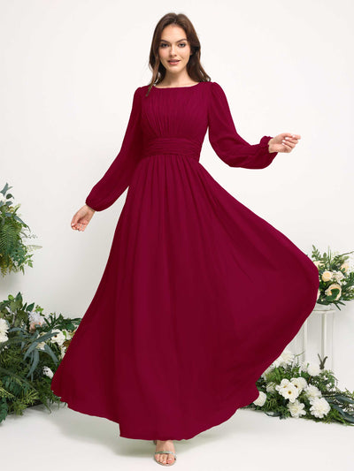 Carlyna Boat Neck Long Sleeve Chiffon Maxi Dress | Elegant A-Line Bridesmaid & Wedding Guest Dress Side View 3 #color_jester-red
