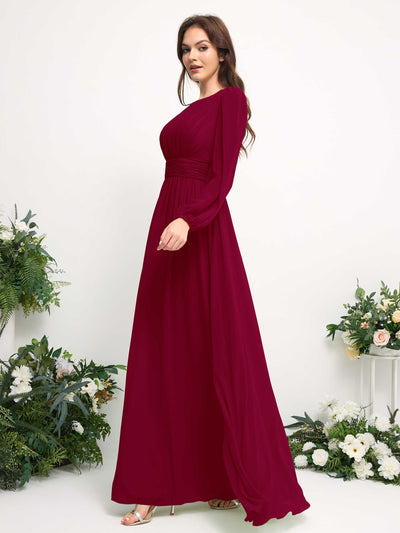 Carlyna Boat Neck Long Sleeve Chiffon Maxi Dress | Elegant A-Line Bridesmaid & Wedding Guest Dress Side View 4 #color_jester-red