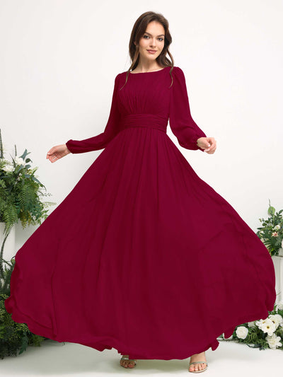 Carlyna Boat Neck Long Sleeve Chiffon Maxi Dress | Elegant A-Line Bridesmaid & Wedding Guest Dress Side View 5 #color_jester-red