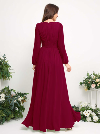 Carlyna Boat Neck Long Sleeve Chiffon Maxi Dress | Elegant A-Line Bridesmaid & Wedding Guest Dress Back View #color_jester-red