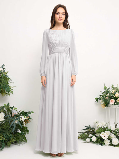 Carlyna Boat Neck Long Sleeve Chiffon Maxi Dress | Elegant A-Line Bridesmaid & Wedding Guest Dress Front View #color_white