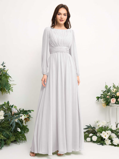 Carlyna Boat Neck Long Sleeve Chiffon Maxi Dress | Elegant A-Line Bridesmaid & Wedding Guest Dress Side View 2 #color_white