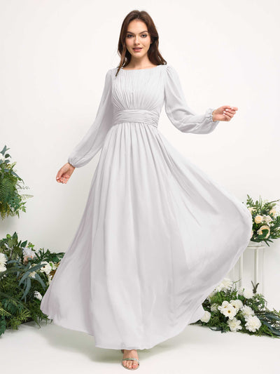 Carlyna Boat Neck Long Sleeve Chiffon Maxi Dress | Elegant A-Line Bridesmaid & Wedding Guest Dress Side View 3 #color_white