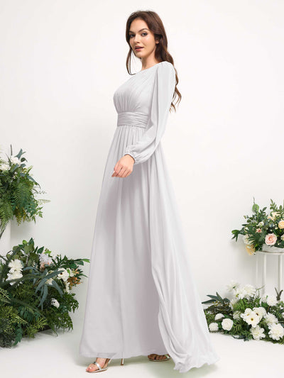 Carlyna Boat Neck Long Sleeve Chiffon Maxi Dress | Elegant A-Line Bridesmaid & Wedding Guest Dress Side View 4 #color_white