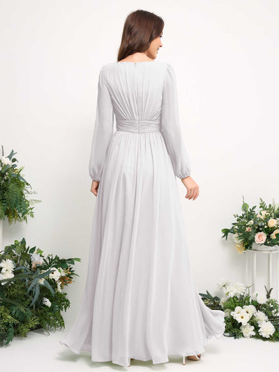 Carlyna Boat Neck Long Sleeve Chiffon Maxi Dress | Elegant A-Line Bridesmaid & Wedding Guest Dress Back View #color_white