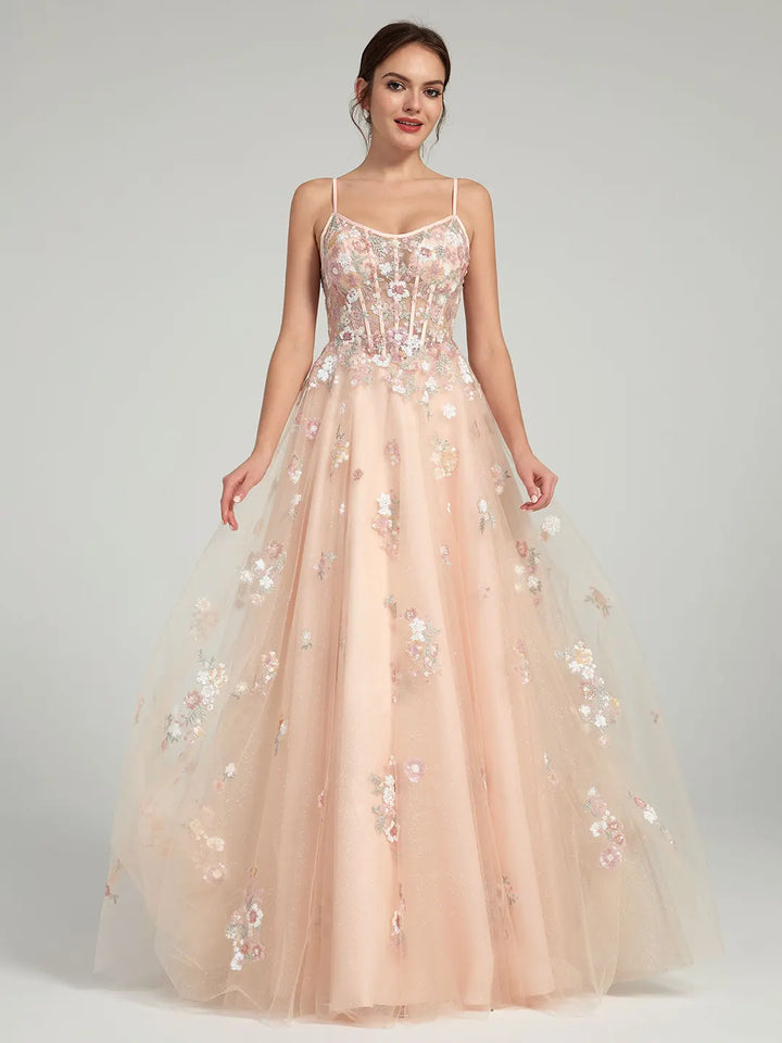 Champagne A-Line Ball Gown with Sheer Corset Bodice, Lace-Up Back, and Sequin Flowers | Prom & Formal Dresses Carlyna Champagne A-Line Ball Gown with Sheer Corset Bodice, Lace-Up Back, and Sequin Flowers | Prom & Formal Dresses Carlyna