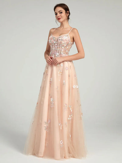 Carlyna Carlyna A-Line Ball Gown with Sheer Corset Bodice and Sequin Flowers