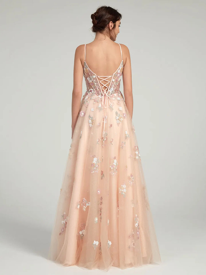 A-Line Ball Gown with Sheer Corset Bodice and Sequin Flowers A-Line Ball Gown with Sheer Corset Bodice and Sequin Flowers