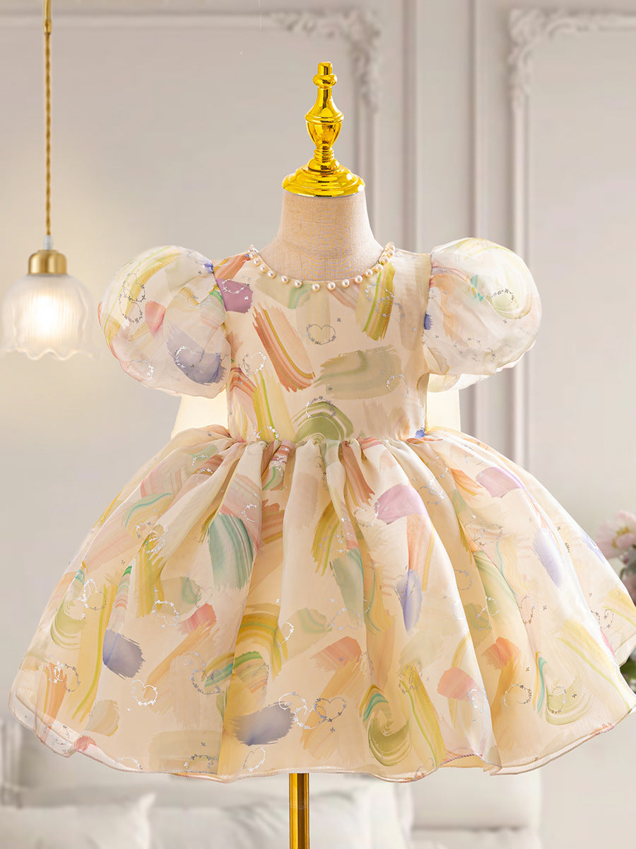 Champagne Tulle A-Line Dress for Girls with Beaded Bow – Flower Girl & Birthday Outfit