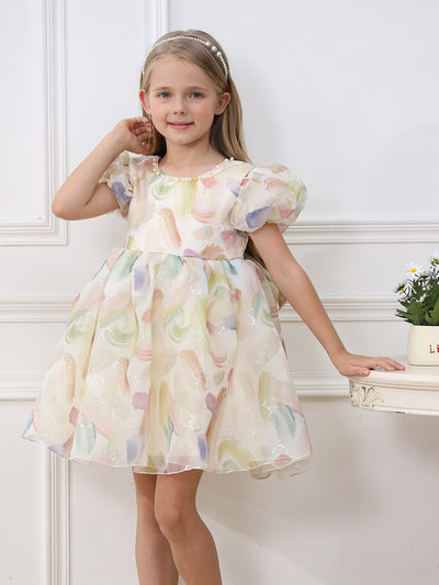 Champagne Tulle A-Line Dress for Girls with Beaded Bow – Flower Girl & Birthday Outfit