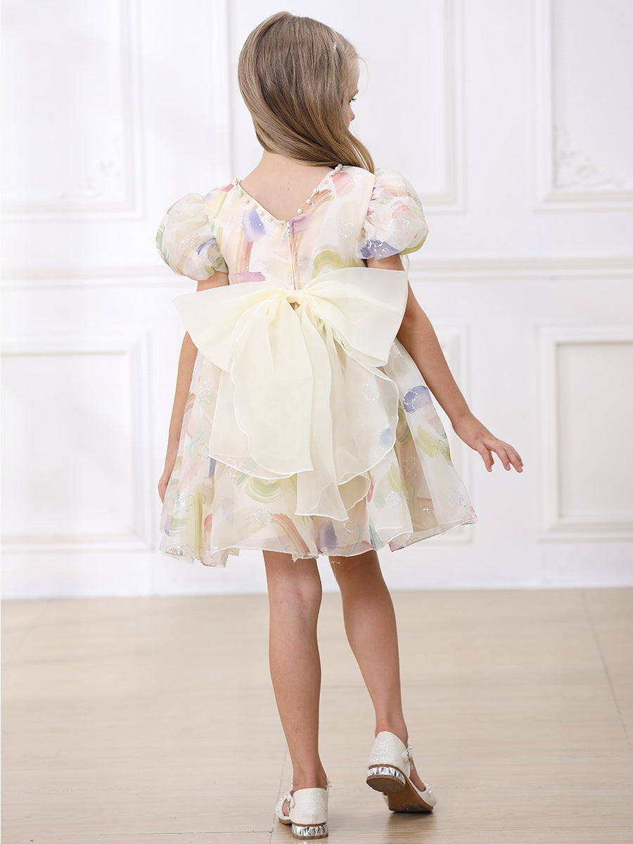 Champagne Tulle A-Line Dress for Girls with Beaded Bow – Flower Girl & Birthday Outfit