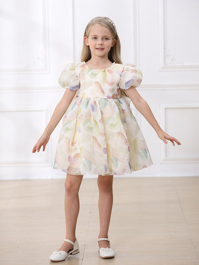 Champagne Tulle A-Line Dress for Girls with Beaded Bow – Flower Girl & Birthday Outfit