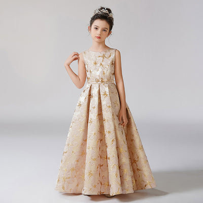 Champagne Floral Print Ruffle A-Line Maxi Dress for Girls | Cute Satin Party Dress