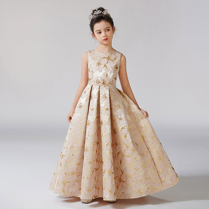 Champagne Floral Print Ruffle A-Line Maxi Dress for Girls | Cute Satin Party Dress