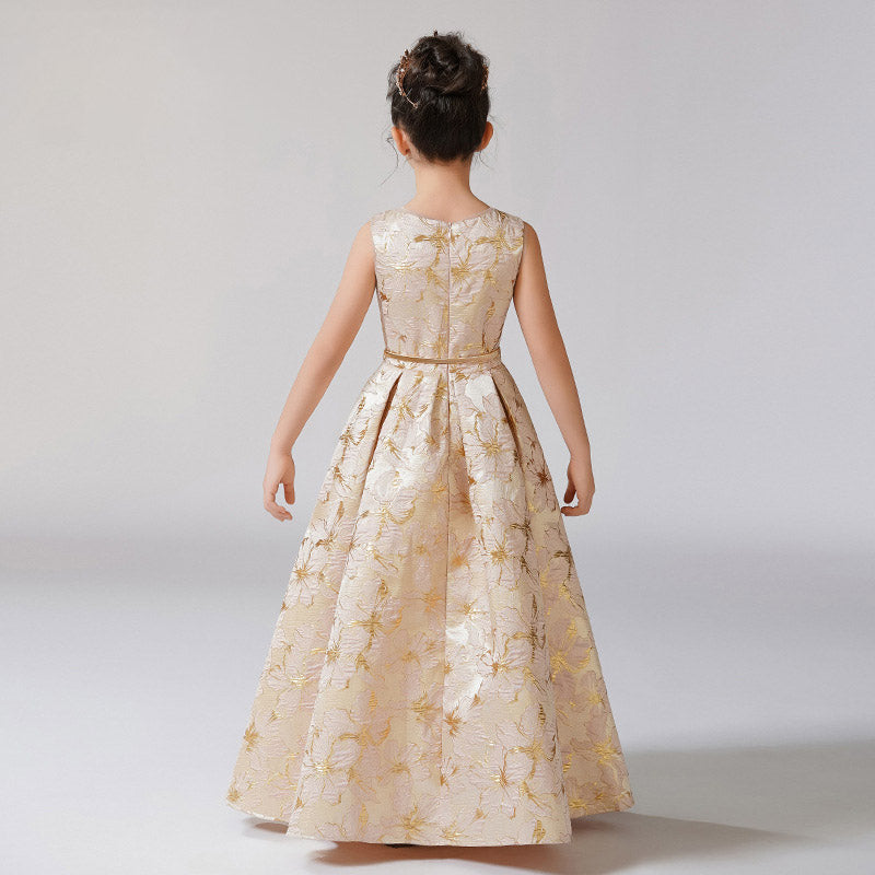 Champagne Floral Print Ruffle A-Line Maxi Dress for Girls | Cute Satin Party Dress