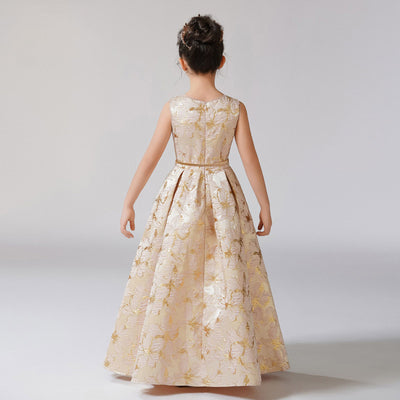 Champagne Floral Print Ruffle A-Line Maxi Dress for Girls | Cute Satin Party Dress