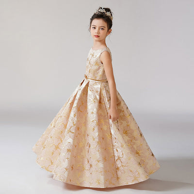 Champagne Floral Print Ruffle A-Line Maxi Dress for Girls | Cute Satin Party Dress