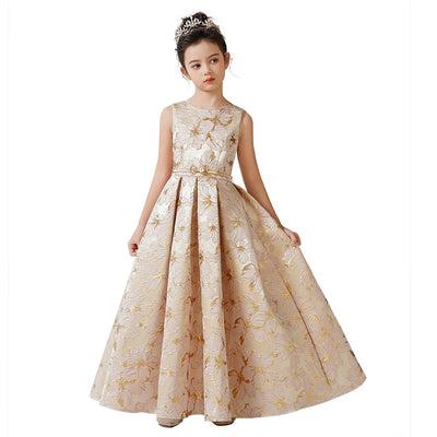 Champagne Floral Print Ruffle A-Line Maxi Dress for Girls | Cute Satin Party Dress