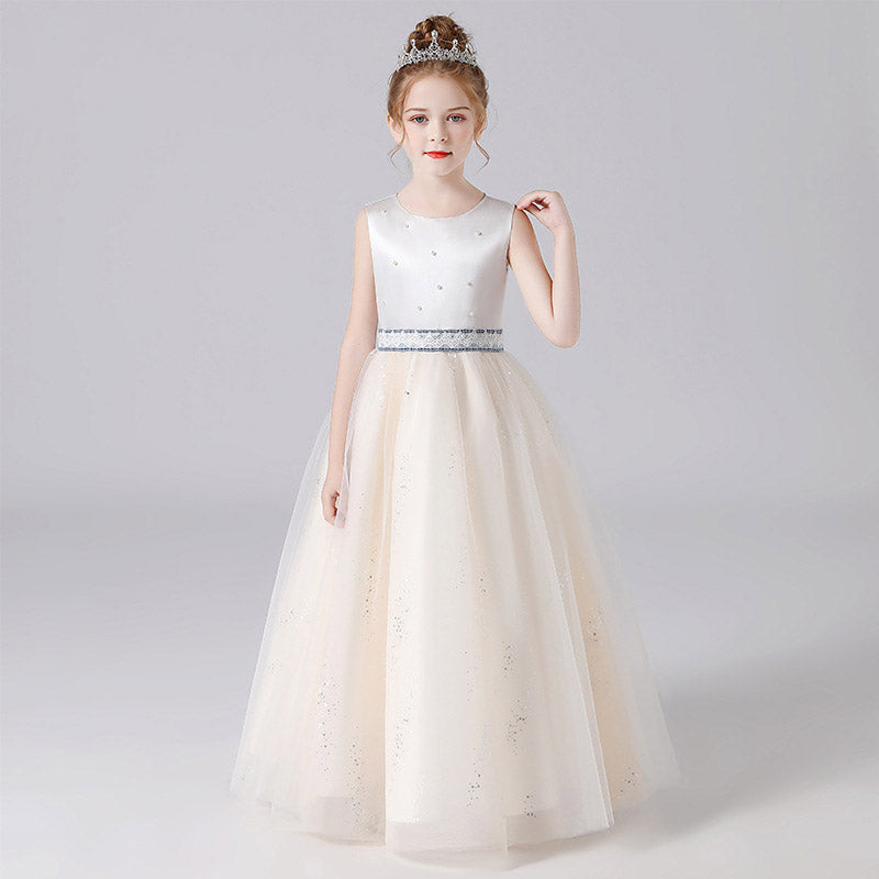 Champagne A-Line Maxi Princess Dress for Girls - Sequin & Beaded Tulle Gown