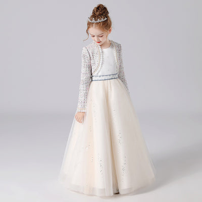 Champagne A-Line Maxi Princess Dress for Girls - Sequin & Beaded Tulle Gown