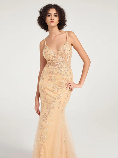 Carlyna Carlyna Carlyna Carlyna Carlyna Carlyna Carlyna V-Neck Lace-Up Mermaid Tulle Maxi Formal Prom Dress with Sequin Lace