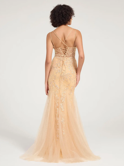 Carlyna Carlyna Carlyna Carlyna Carlyna Carlyna Carlyna Carlyna V-Neck Lace-Up Mermaid Tulle Maxi Formal Prom Dress with Sequin Lace