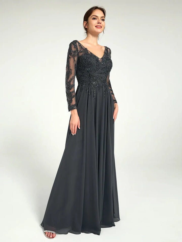 Embroidered Long Sleeve Mother of the Bride Dress