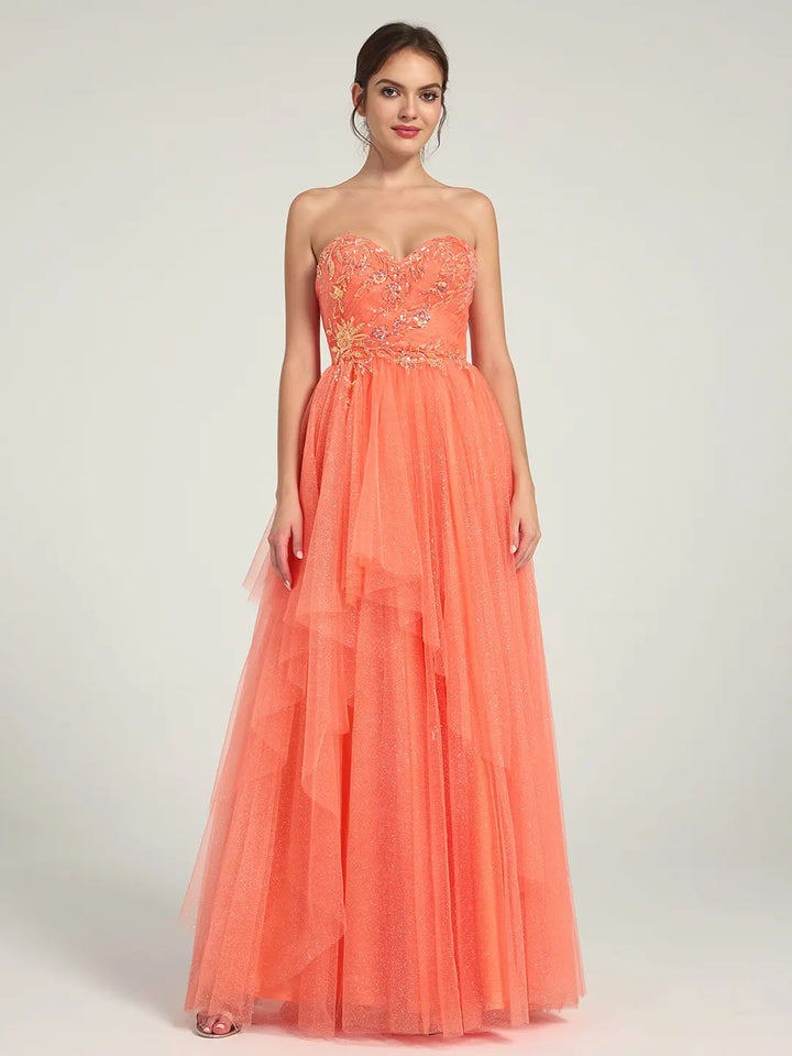 Elegant Coral A-Line Maxi Dress | Sweetheart Neckline & Pleated Tulle Glitter Carlyna Elegant Coral A-Line Maxi Dress | Sweetheart Neckline & Pleated Tulle Glitter Carlyna