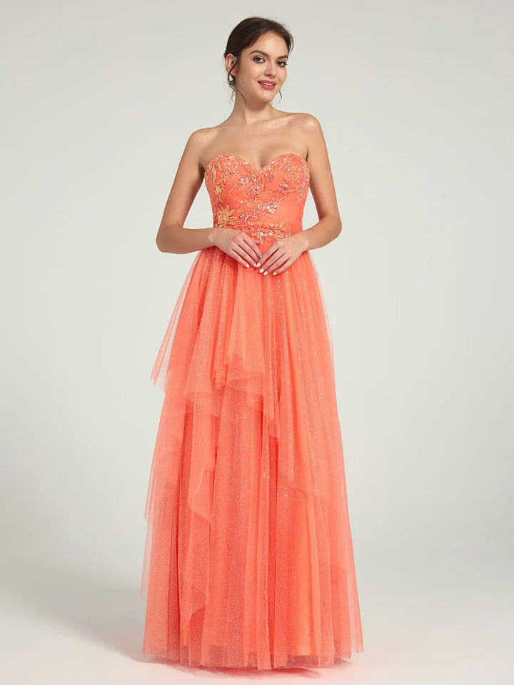 A-Line Maxi Dress with Sweetheart Neckline and Beaded Floral Accents