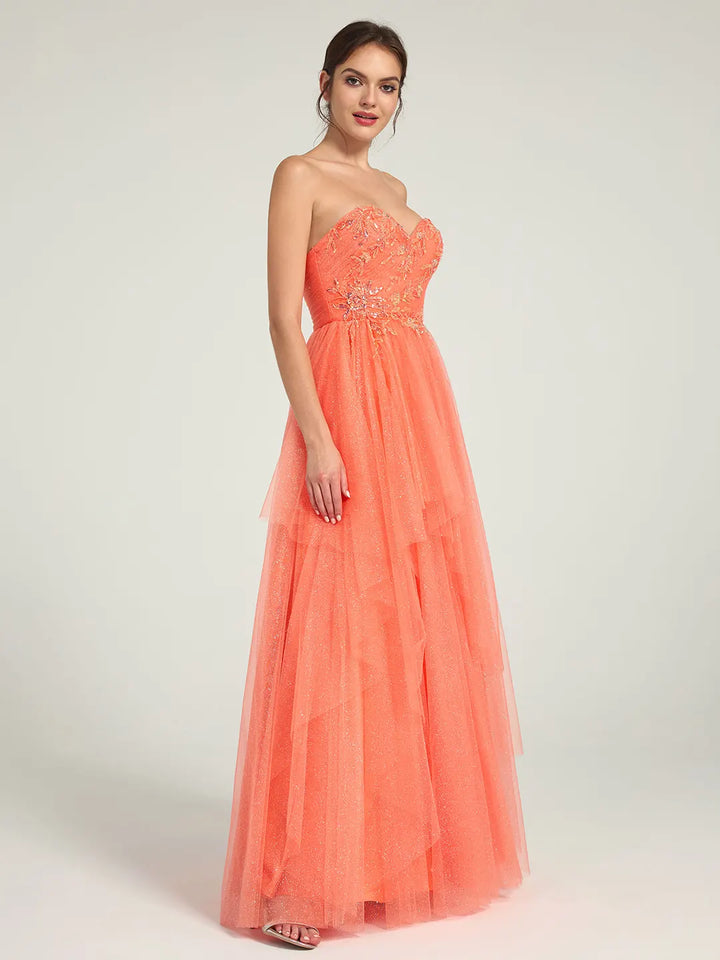 A-Line Maxi Dress with Sweetheart Neckline and Beaded Floral Accents