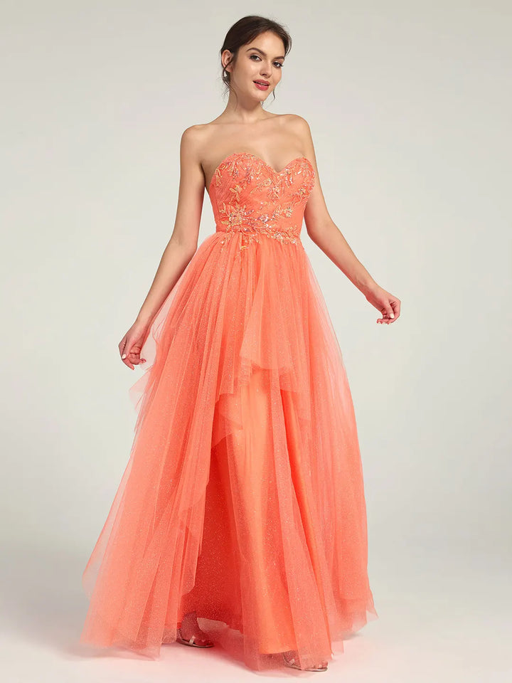 coral a line prom dress A-Line Maxi with Sweetheart Neckline and Beaded Floral Accents 907 ensuring you glide across This dress is 🔥🔥 SIZE:3S-2M-1L