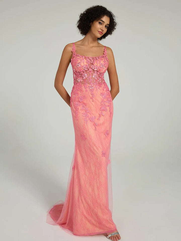 Coral Mermaid Lace Dress | Rhinestone Corset, Spaghetti Straps | Formal, Prom & Wedding Dress Carlyna Coral Mermaid Lace Dress | Rhinestone Corset, Spaghetti Straps | Formal, Prom & Wedding Dress Carlyna