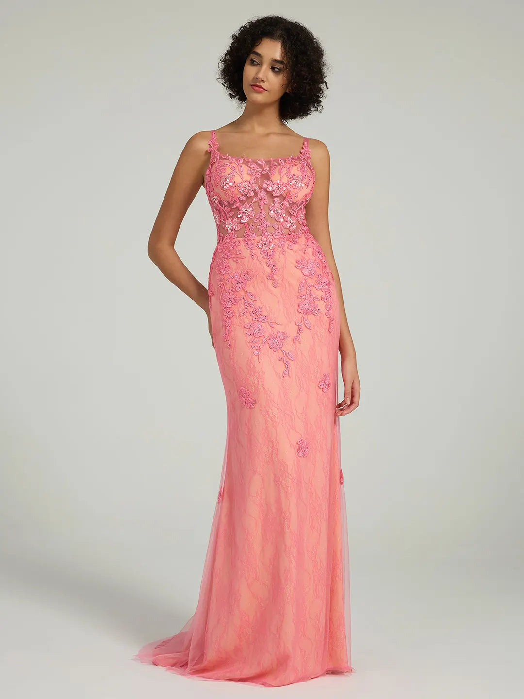 Mermaid Lace Dress with Rhinestone Corset and Spaghetti Straps Mermaid Lace Dress with Rhinestone Corset and Spaghetti Straps