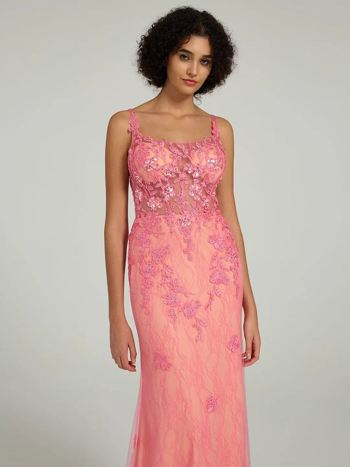 Mermaid Lace Dress with Rhinestone Corset and Spaghetti Straps Mermaid Lace Dress with Rhinestone Corset and Spaghetti Straps