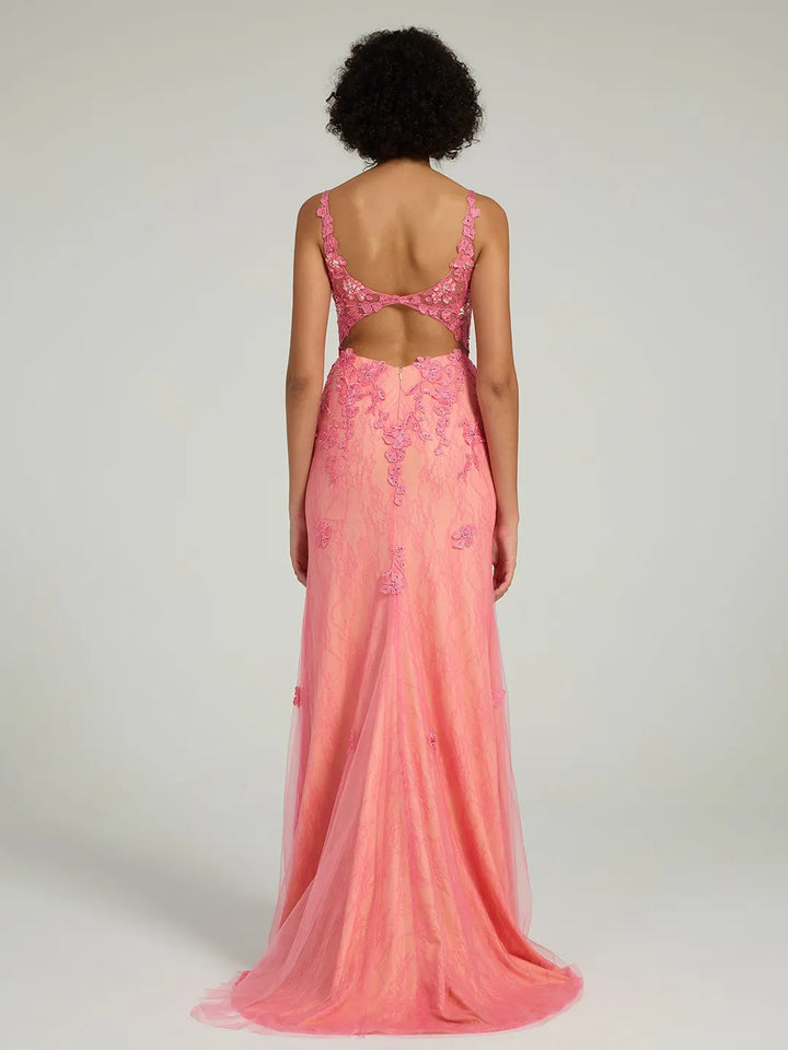 strapless open back dress Eulalia Cowl Backless Floor Length Floral Lace Bridesmaid Dress, Coral