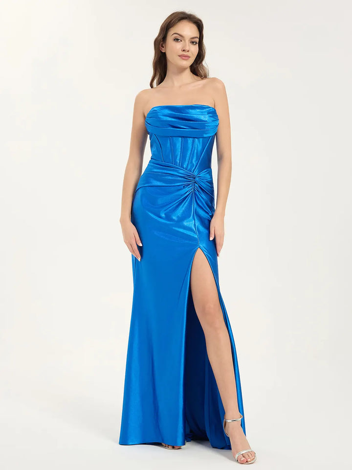 Cowl Neck A-Line Maxi Dress with Waist Pleats and Leg Slit in Metallic Stretch Satin Cowl Neck A-Line Maxi Dress with Waist Pleats and Leg Slit in Metallic Stretch Satin