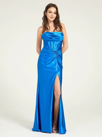 Cowl Neck A-Line Maxi Dress with Waist Pleats and Leg Slit in Metallic Stretch Satin
