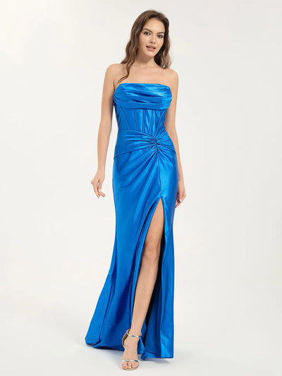 Cowl Neck A-Line Maxi Dress with Waist Pleats and Leg Slit in Metallic Stretch Satin