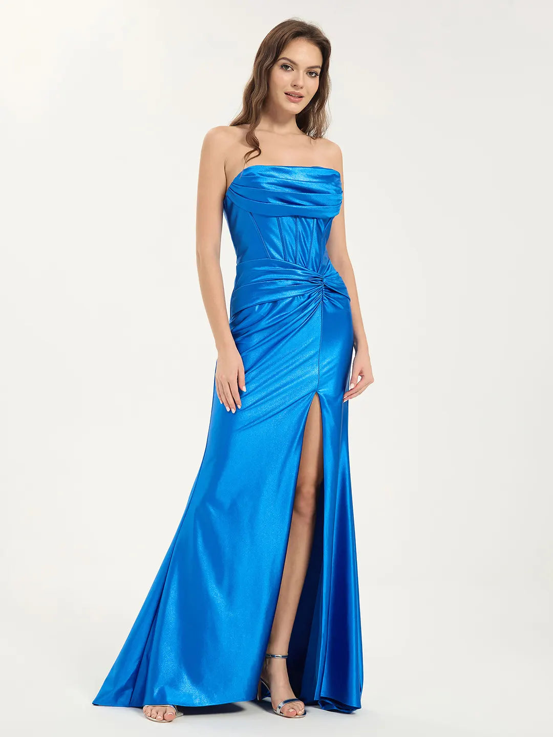 a line stretch dress Basque-Neck A-Line Stretch Satin Maxi Dress with Off-the-Shoulder Drape