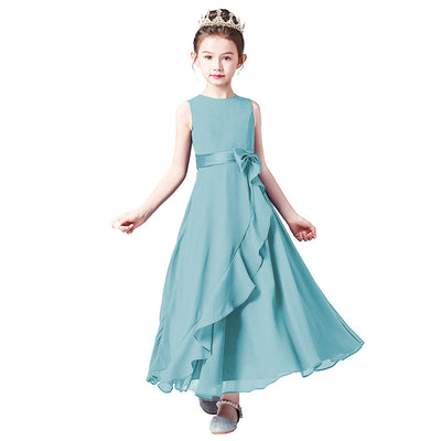 Cute A-line Tea Length Chiffon Girl's Party Dress with Bowknot & Tie-belt