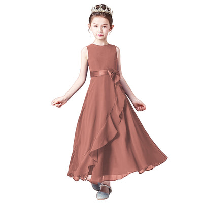 Cute A-line Tea Length Chiffon Girl's Party Dress with Bowknot & Tie-belt