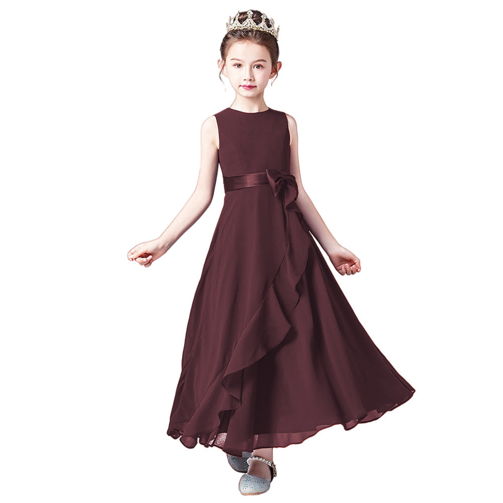 Cute A-line Tea Length Chiffon Girl's Party Dress with Bowknot & Tie-belt
