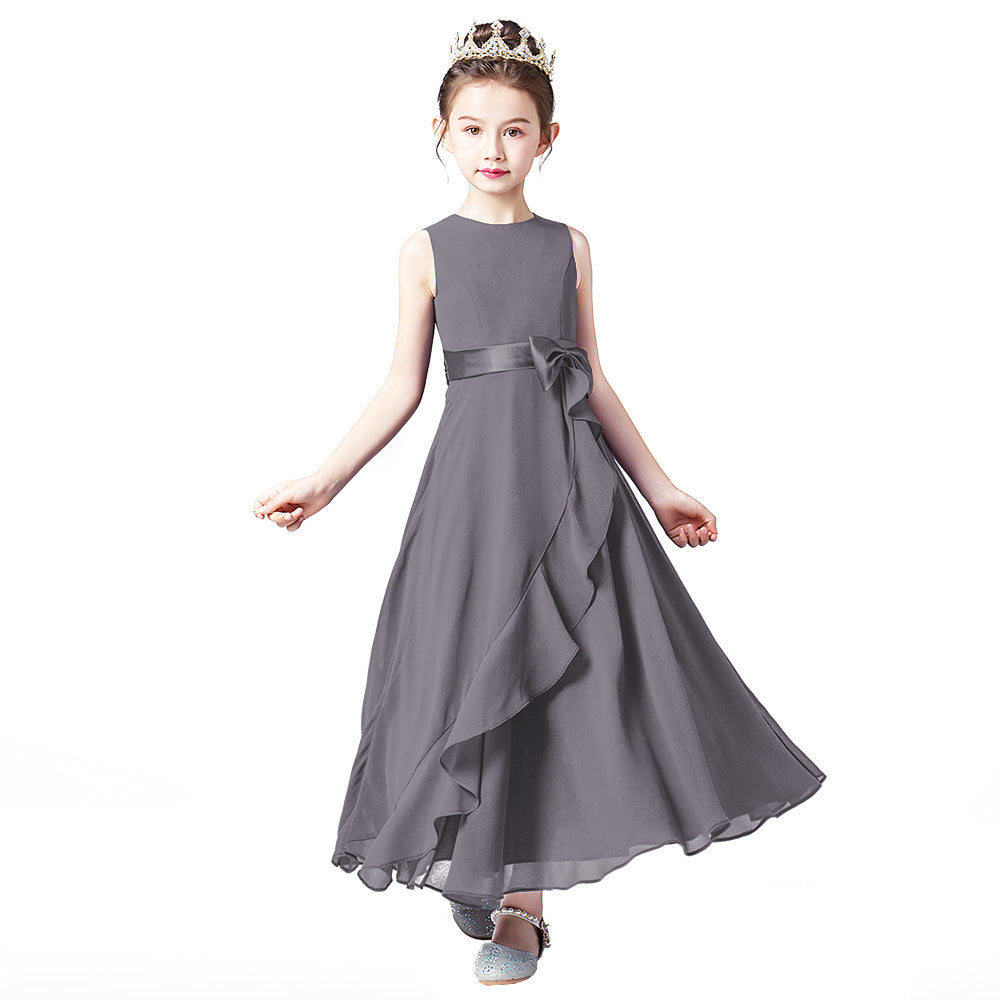 Cute A-line Tea Length Chiffon Girl's Party Dress with Bowknot & Tie-belt