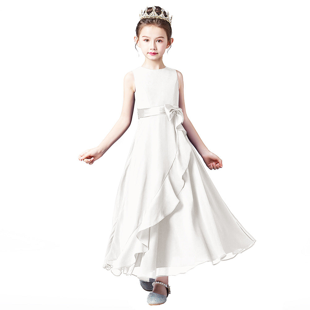 Cute A-line Tea Length Chiffon Girl's Party Dress with Bowknot & Tie-belt