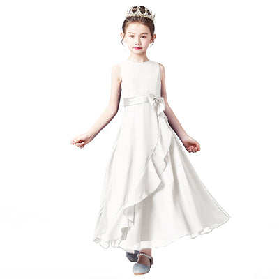 Cute A-line Tea Length Chiffon Girl's Party Dress with Bowknot & Tie-belt