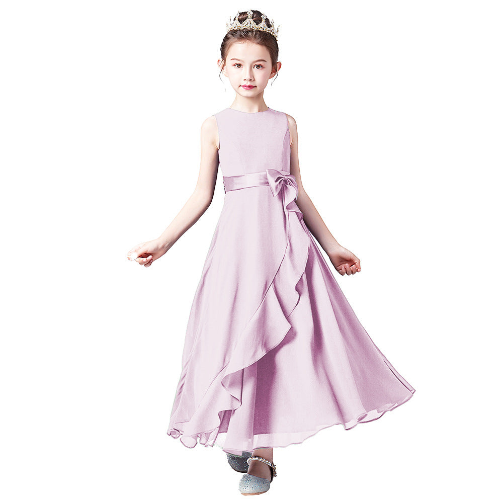 Cute A-line Tea Length Chiffon Girl's Party Dress with Bowknot & Tie-belt