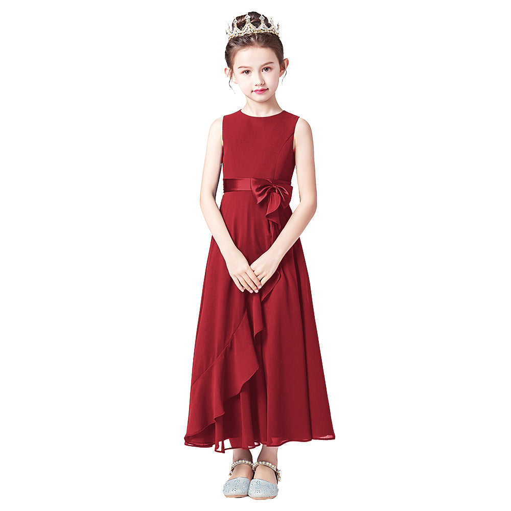 Cute A-line Tea Length Chiffon Girl's Party Dress with Bowknot & Tie-belt