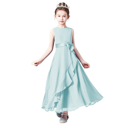 Cute A-line Tea Length Chiffon Girl's Party Dress with Bowknot & Tie-belt
