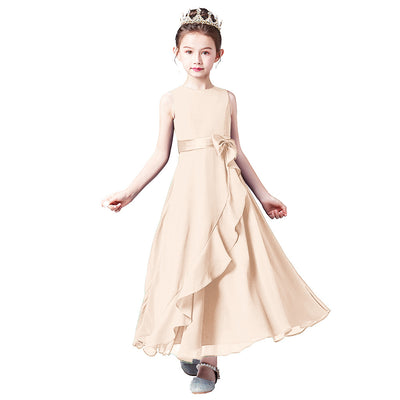Cute A-line Tea Length Chiffon Girl's Party Dress with Bowknot & Tie-belt